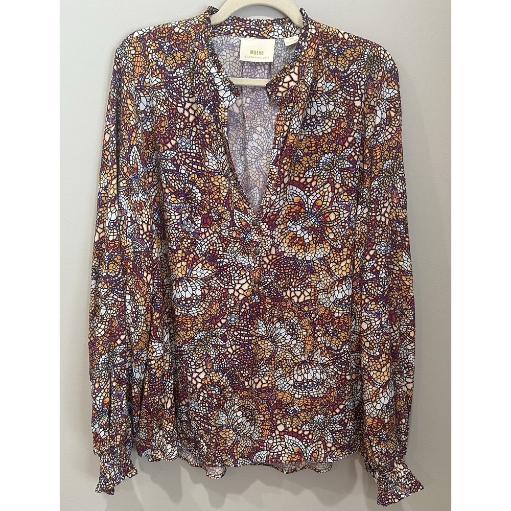 Maeve Anthroplogie Colette Peasant Blouse Stained Glass Mosaic Cottagecore XL